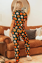 Pumpkin Printed Short Sleeve Top and Pants Lounge Set OutfitFlow